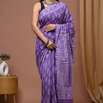 Hand Block Printed Purple Mulmul Cotton Saree with Intricate White Patterns