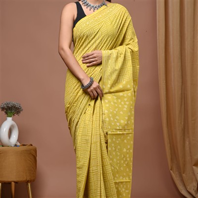 Jaipuri Mustard Geometric Mulmul Cotton Saree 5.5 meters