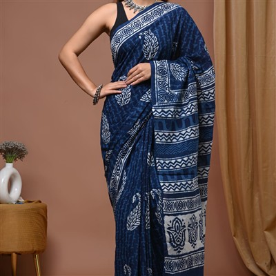 Navy Blue Hand Block Printed Mulmul Cotton Saree with Intricate White Motifs