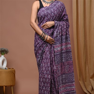 Hand Block Printed Mulmul Cotton Saree in Purple & Pink Floral Elegance