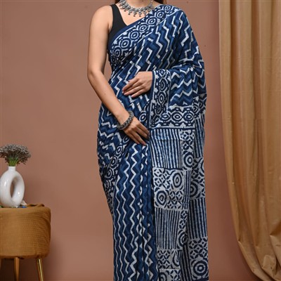 Indigo Geometric Hand Block Printed Cotton Saree 5.5 Meters