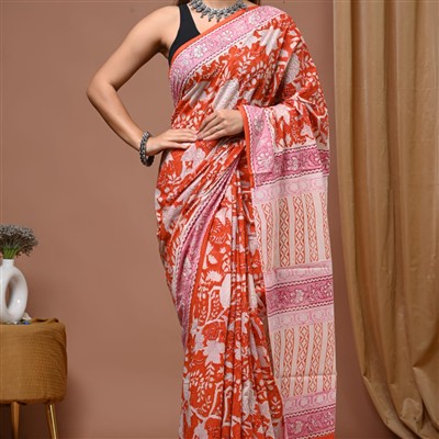 Hand Block Printed Orange Floral Saree Mulmul Cotton 5.5 meters