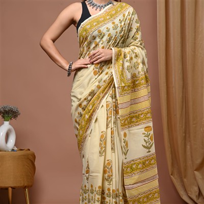 Mustard Floral Hand Block Cotton Saree with Green Border