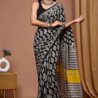 Hand Block Printed Black and White Mulmul Cotton Saree with Yellow Floral Pallu
