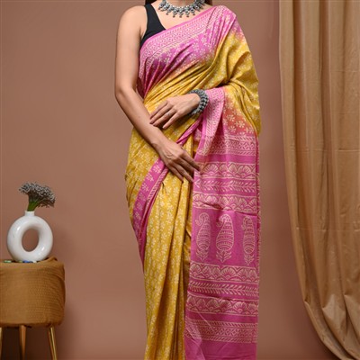 Hand Block Printed Pink and Yellow Mulmul Cotton Saree with Floral Patterns
