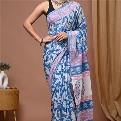 Hand Block Printed Blue Floral Cotton Saree with Pink Borders
