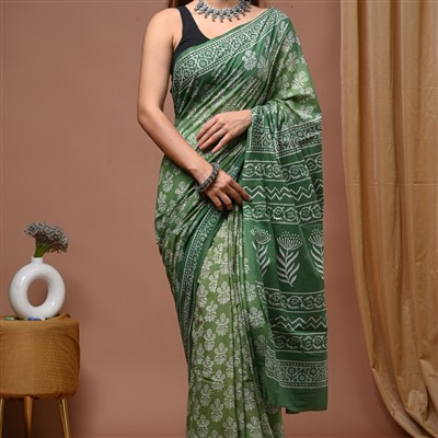 Green Floral Jaipuri Mulmul Cotton Saree 5.5 Meters