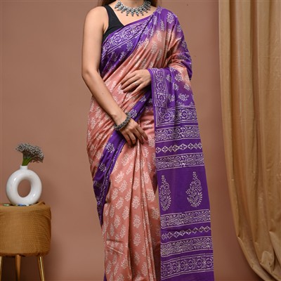 Peach Blossom Hand Block Mulmul Cotton Saree