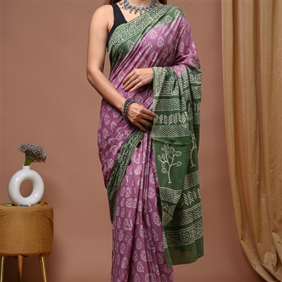 Hand Block Printed Mulmul Cotton Saree in Purple and Green with Traditional Motifs
