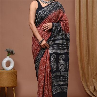 Hand Block Printed Gradient Cotton Saree with Paisley Motifs