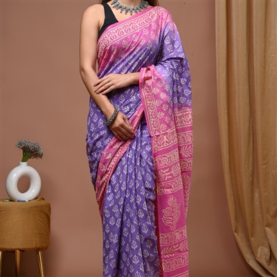 Mauve Blossom Hand Block Printed Cotton Saree