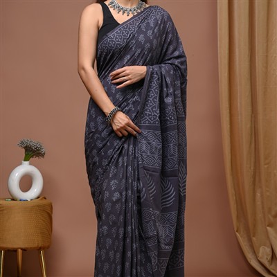 Hand Block Printed Dark Gray Mulmul Cotton Saree with Floral Motifs