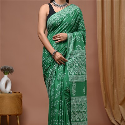 Hand Block Printed Green Cotton Saree with White Floral Motifs