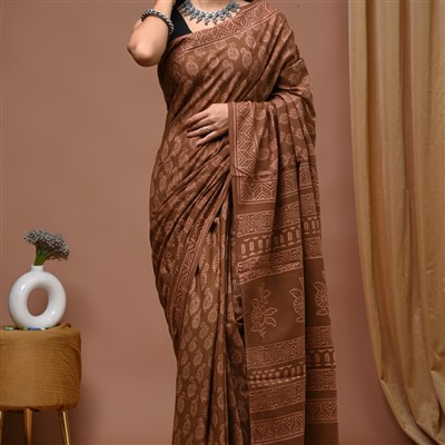 Hand Block Printed Mulmul Cotton Saree in Earthy Brown Tones
