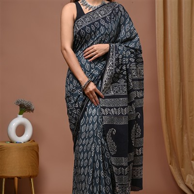 Hand Block Printed Mulmul Cotton Saree in Monochrome Leaf Motif Design