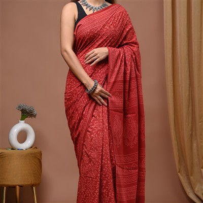 Crimson Floral Hand Block Mulmul Saree 5.5 Meters