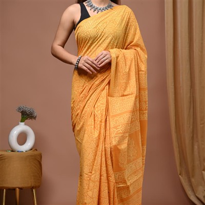Sunshine Floral Hand Block Cotton Saree with Mustard Blooms