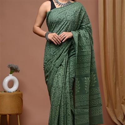 Hand Block Printed Deep Green Mulmul Cotton Saree with Floral Patterns