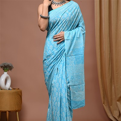 Hand Block Printed Light Blue Mulmul Cotton Saree with Intricate Floral Patterns