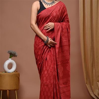 Crimson Floral Block Cotton Saree 5.5 Meters