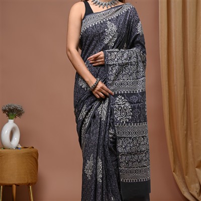 Hand Block Printed Cotton Mulmul Saree in Monochrome Elegance