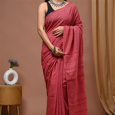 Hand Block Printed Muted Pink Cotton Saree with Paisley Motifs