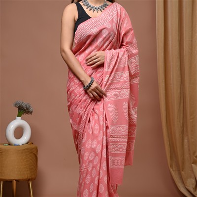 Hand Block Printed Pink Mulmul Cotton Saree with Intricate White Leaf Motifs