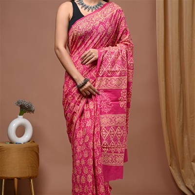 Golden Yellow Floral Hand Block Printed Silk Saree