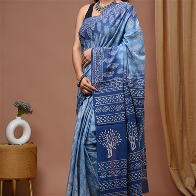 Indigo Gradient Hand Block Printed Cotton Saree