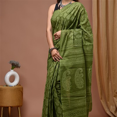 Hand Block Printed Olive Green Cotton Saree with Paisley Motifs