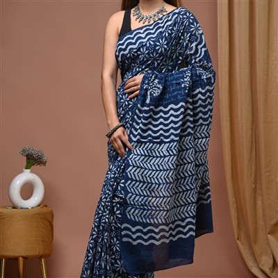 Navy Blue Floral Bliss Mulmul Cotton Saree