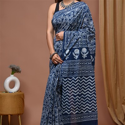 Navy Indigo Floral Hand Block Mulmul Cotton Saree