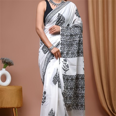 Hand Block Printed Monochrome Floral Mulmul Cotton Saree