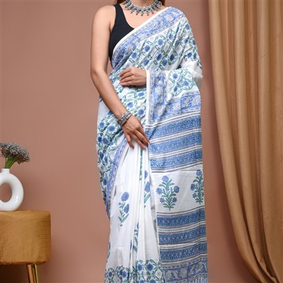 Hand Block Printed Mulmul Cotton Saree in Blue and Green Florals