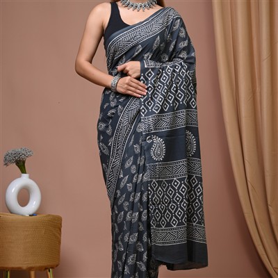 Hand Block Printed Black Mulmul Cotton Saree with Geometric and Paisley Designs