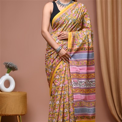 Hand Block Printed Mustard Floral Mulmul Cotton Saree