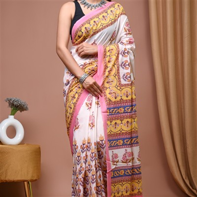 Pink Floral Jaipuri Mulmul Cotton Saree 5.5m Hand Block Printed