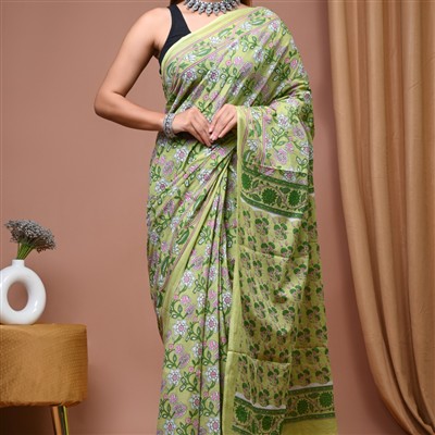 Rose Garden Hand Block Printed Mulmul Cotton Saree