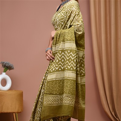 Hand Block Printed Olive Green Mulmul Cotton Saree with White Geometric and Floral Motifs