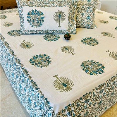 Hand Block Printed Blue Green Floral Cotton Bedding Set