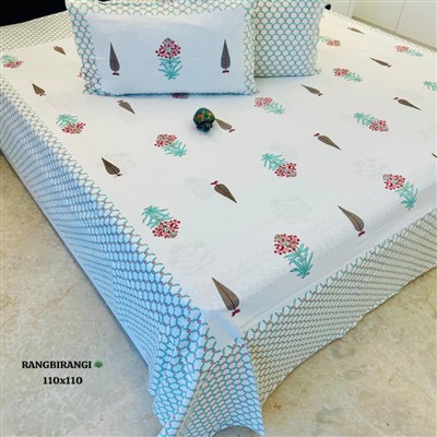 Hand Block Printed Floral Cotton King Size Bedsheet Set