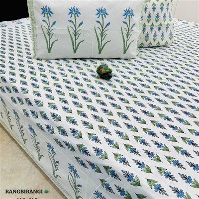 Hand Block Printed Blue Floral Cotton Jumbo King Size Bedsheet Set
