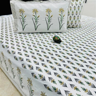 Hand Block Printed Green Floral Cotton Bedding Set