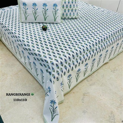 Floral Indigo Hand Block Printed Cotton Jumbo King Bedspread Set