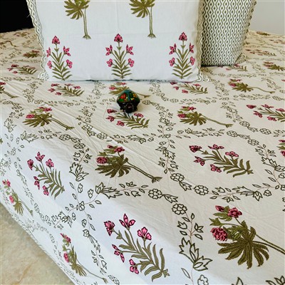 Olive Green Floral Bliss Cotton Bedsheet Set