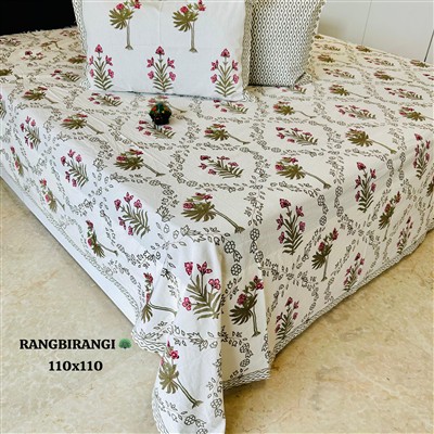 Handcrafted Green and Pink Floral Cotton Bedspread Set
