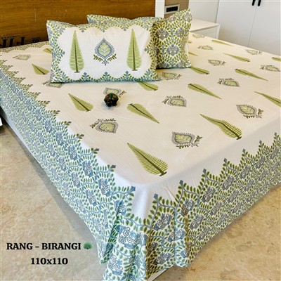 Hand Block Printed Green and Blue Floral Cotton King Size Bedsheet Set