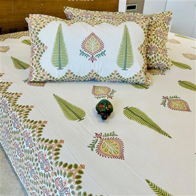 Botanical Green Hand Block Printed Cotton King Bedsheet Set