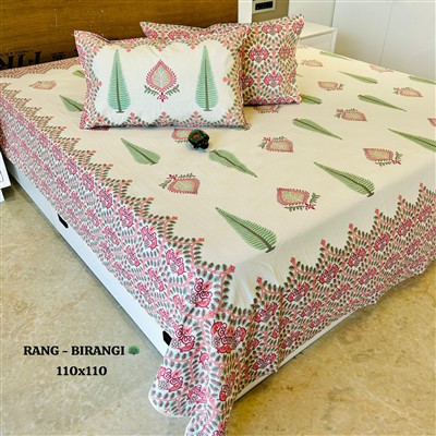 Crimson Floral Hand Block Printed Cotton King Bedsheet Set