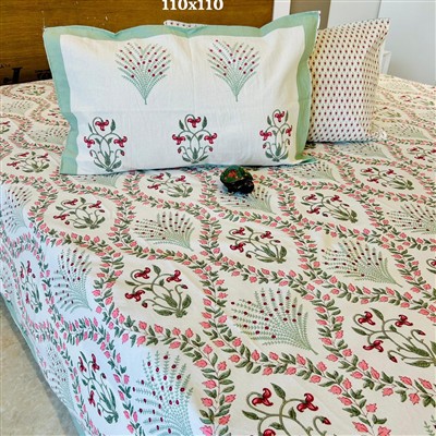 Floral Green and Pink Hand Block Cotton Bedding Set